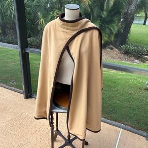 Shawl, wrap cape, reversible to a solid beige, wool & fleece blend, warm & cozy